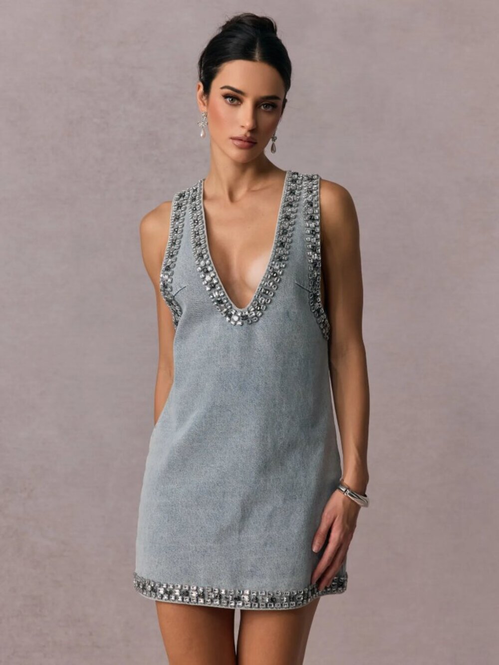 Crystal Embellished Denim Mini Dress Shirley
